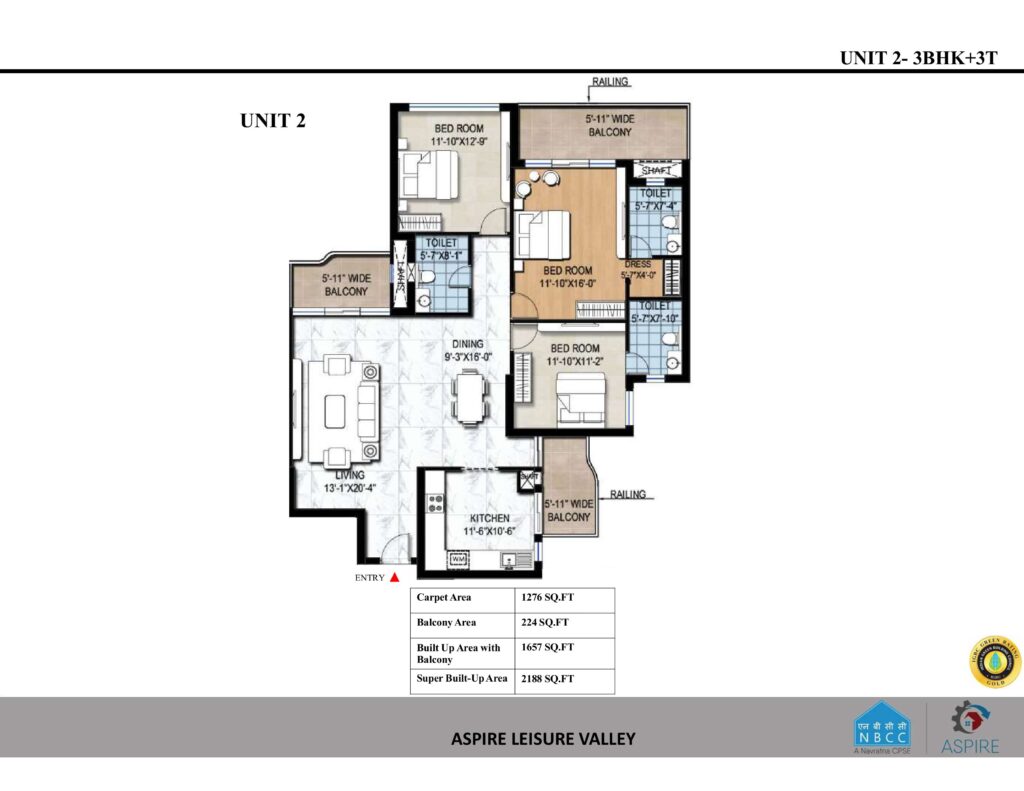3 BHK + 3 Toilet