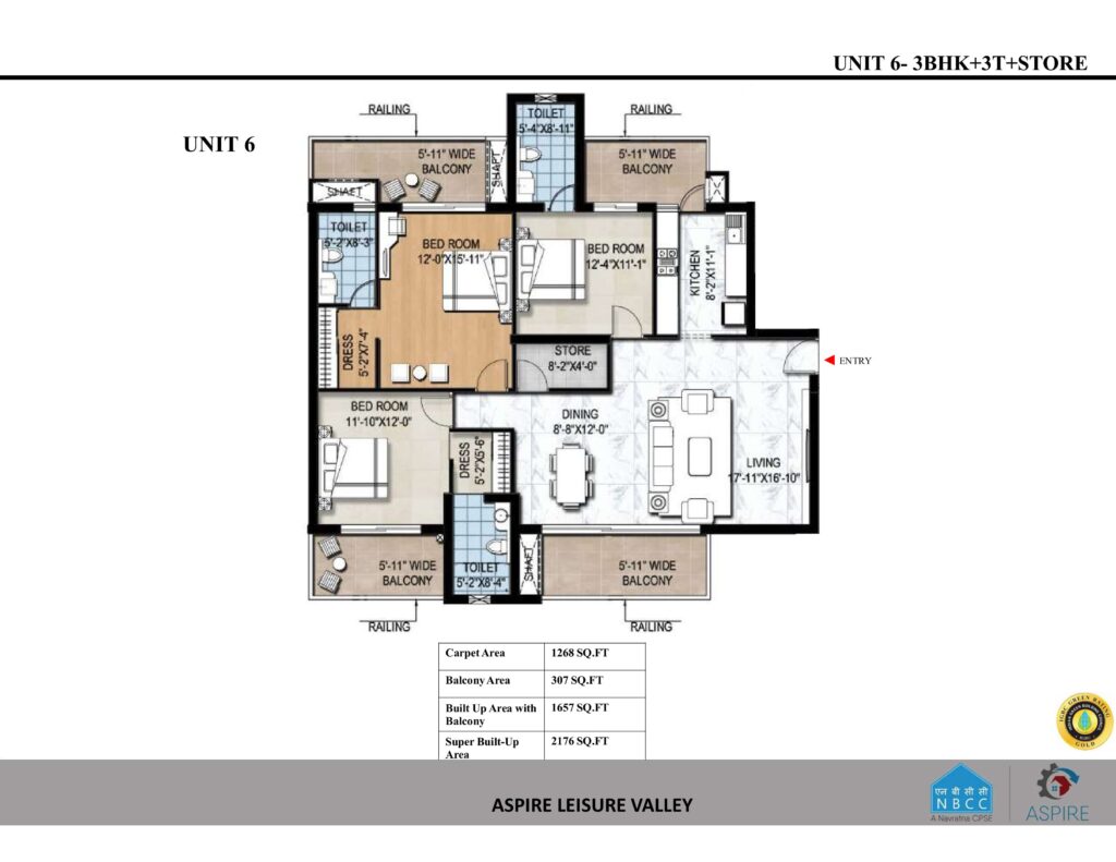 3 BHK + 3 Toilet + Store